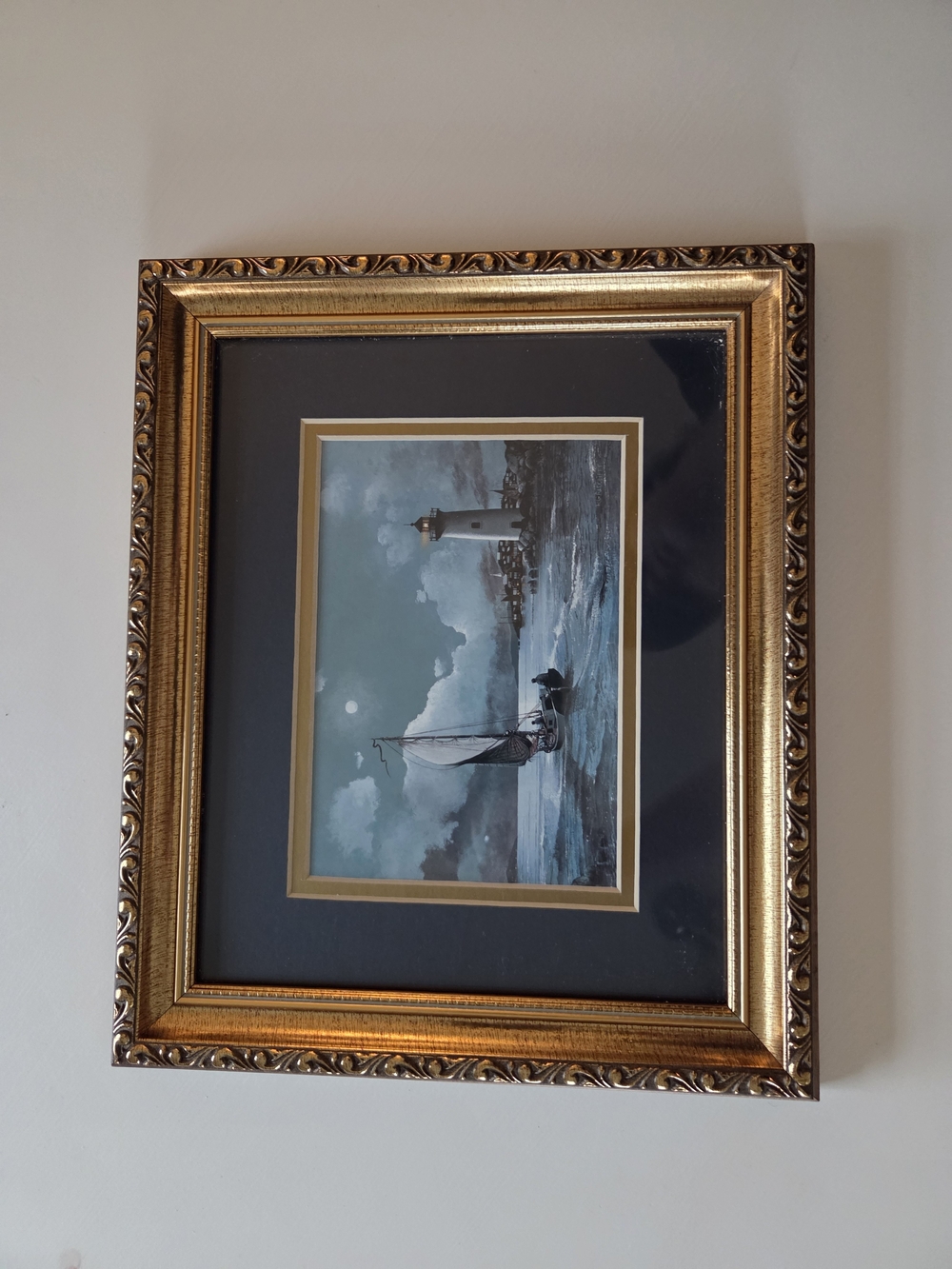 Vintage Coastal Lighthouse Art Print with Gold Frame - Blue and Gold